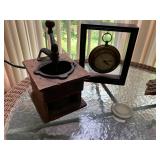 Antique coffee grinder, clock