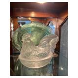 Westmoreland hen on nest, green depression glass platter