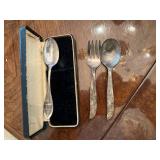 silver spoon, baby spoon and fork
