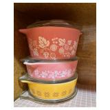 Pyrex "Pink Gooseberry" casseroles, Pyrex "Town and Country" casserole