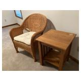 Wicker chair, one of a pair of oak tables 