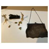 Vintage pinbacks, silver mesh handbag