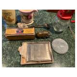 Nickle silver compact, Hires root beer box and bottle, Hazel Atlas nut chopper