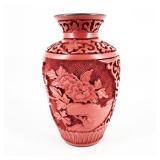 Lot 021 Vintage Carved Cinnabar Bud Vase Lined in Blue Enamel