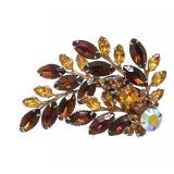 Lot 028   1 Bid(s) Vintage Aurora Borealis and Amber Rhinestone Leaf Statement Fashion Brooch