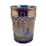 Lot 488   Dugan Carnival Glass Diamond Band Stork and Rushed Cobalt Blue Tumbler