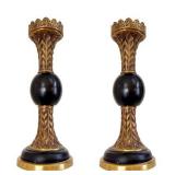 Theodore Alexander Gilt Bronze & Turned Wood Pillar Candlesticks
