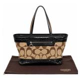 Coach Poppy Signature Tan Canvas Quilted Black Patent Leather Tote Bag