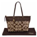 Coach Signature Brown Canvas Patent Leather Tote Bag