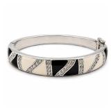 Sterling Silver Black/Cream Enamel & Pavé Crystal Hinged Bangle Bracelet