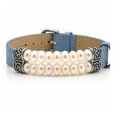 Honora Sterling Silver Freshwater Pearl Blue Leather Bracelet
