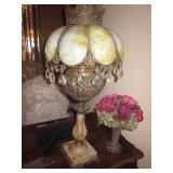 Superb Antique Filigree & Stained Glass Brass with Marble Lamp 