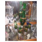 Vintage Green/Gold Bohemian Glass Decanter with Matching Glasses 