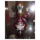 Vintage Red Ruby Bohemian Decanter Gilt Overlay 
