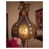 Amazing Vintage Jeweled Brass Filigree Hanging Lamp  