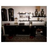 Stunning Black Lacquer Asian Credenza ~ Oriential Shelving and Statuary Stunning Black Lacquer Asian Credenza ~ Oriential Shelving and Statuary