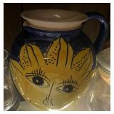 Pier 1 Imports Hand Painted Ceramic Yellow Sun Face Blue Sky Pitcher