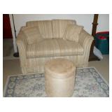 Love seat, ottoman, area rug