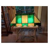 Pool table lamp is in dark and light green colors. Scalloped border. Two globe lights. Vintage 60’s.