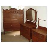 antique oak highback bed with matching dresser mirror & washstand