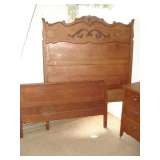 antique oak highback bed with matching dresser mirror & washstand