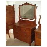 antique oak highback bed with matching dresser mirror & washstand
