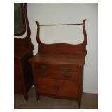 antique oak highback bed with matching dresser mirror & washstand
