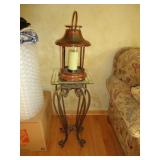 Wrought iron side table, glass top and metal/glass candle holder