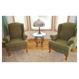 Two wing back chairs, iron/glass table and stained glass lamp