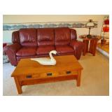 Leather sofa, mission style coffee table and occasional table