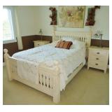 Quality, stylish painted & distressed Riverside queen bed, two nightstands and wall decor