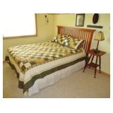 Bassett Mission style queen size headboard/bed and antique parlor table with stained glass lamp