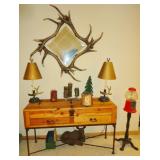 Antler mirror, lamps, rustic table/stand, misc. candles/decor, gumball machine