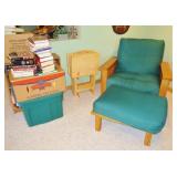 Solid oak frame chair & footstool, very nice collection of books