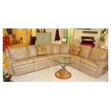 Large 4 piece leather sectional, rustic oar table with glass top