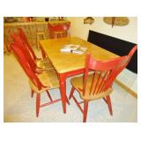 Stained/painted wooden table with self-storing leaf and 4 chairs, glass top included if desired