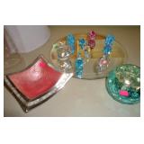 Signed glass collectibes, Fenton, Metal & Mother of Pearl bowl