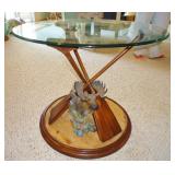 Rustic oar table w/ glass top, resin Moose figurine