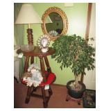 Wood end tables, brass lamps, misc. glassware