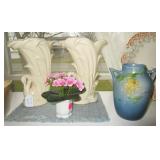 Roseville vase, McCoy swan vases