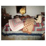 Hand made quilts, full size bookcase headboard bed