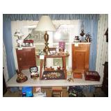 antique small chests/stands w/ marble tops, brass lamps, music box collection