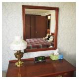 Quality mirror, lamp w/ milk glass shade, 3 drawer chest