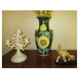 Metal angel candle holder, pottery vase, elephant figurine