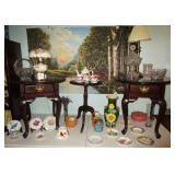 Cherry occasional tables, collectible glass, porcelain
