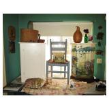 Painted cupboards, blue painted chair, misc. collectibles