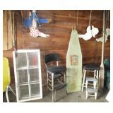 Antique windows, stools, wooden ironing board
