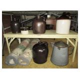 Stoneware jugs, vintage rugs, enamel coffee pot
