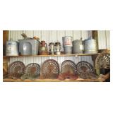 Antique tractor seats, galvanized pails, minnow buckets