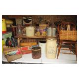 Neat hand crafted wooden benches, stoneware, wooden crates/soda crates